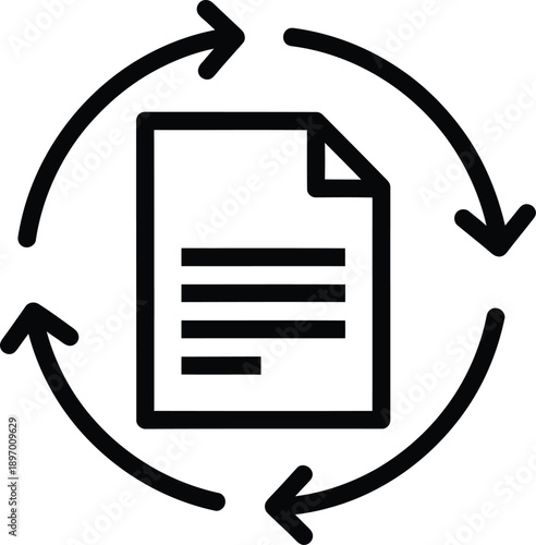 Document refresh icon with circular arrows, symbolizing data processing, update, or synchronization concept in black outline style