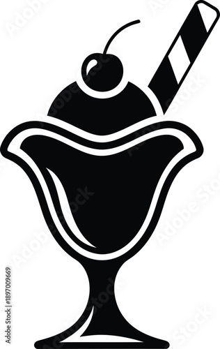 Black and white icon of ice cream sundae in a glass dish with cherry and wafer stick
