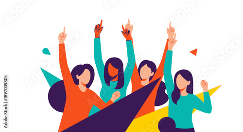 Multicultural Women Raising Hands Vector Illustration. Diverse Group Celebrating Unity, Empowerment, and Achievement in Flat Design Style.