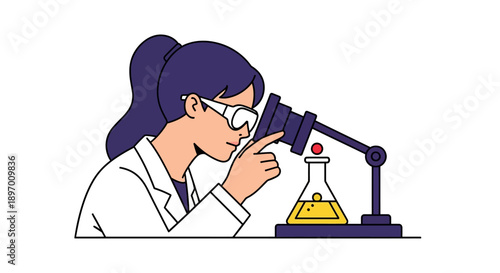 Female Scientist Doing Chemistry Experiment in Lab. Researcher Adding Drops to Erlenmeyer Flask. Modern Vector Illustration for Science Research and Discovery.
