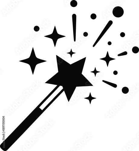 Black and white magic wand icon with sparkling stars and dots