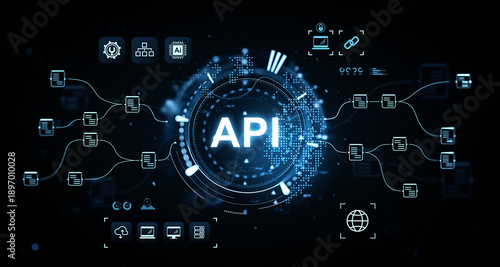 Bild auf Leinwand API integration concept with futuristic digital interface and data flow connections on dark tech background representing software communication systems