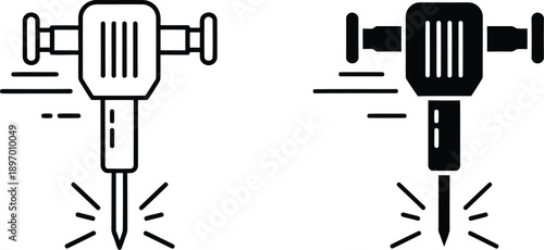 Jackhammer icon set outline and solid style for demolition and construction tools