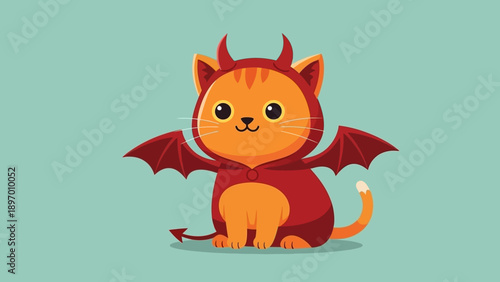 Cute Cartoon Cat Wearing Devil Costume.