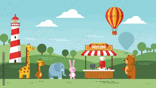 Cute Cartoon Animals and Hot Dog Stand at Amusement Park.