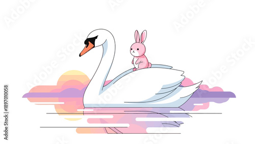 Cute Pink Bunny Riding on a Majestic White Swan.