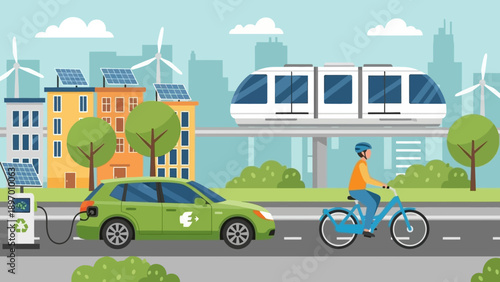 Cyclist Riding Bike on Road with Electric Car.