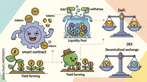 Decentralized Finance DeFi Cartoon Characters and Scales.