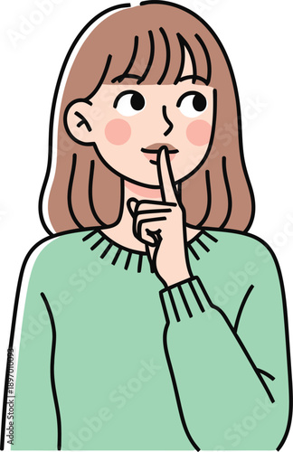 Young woman with brown hair wearing a green sweater asking for silence by putting her index finger on her lips, illustration style