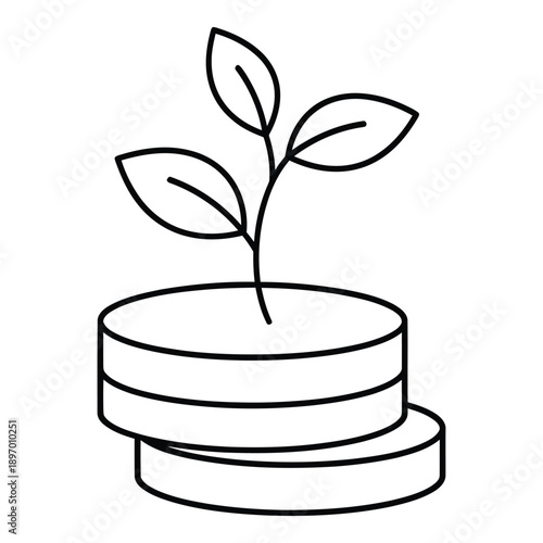 Stack of coins with a plant growing out, vector line art symbolizing financial growth, investment, and prosperity.