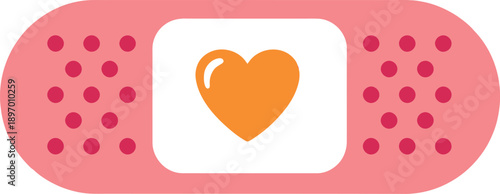 Pink adhesive bandage with orange heart icon for first aid, care, love, or health concept