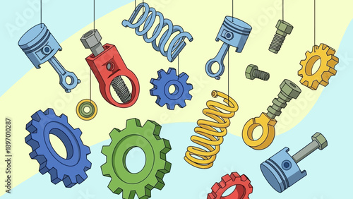 Colorful Mechanical Parts Hanging in Air.