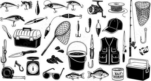 Black and White Line Art of Fishing Gear, Including Rods, Reels, Bait, and Tackle Box, for Outdoor Recreation