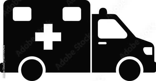 Black silhouette icon of an ambulance emergency medical service vehicle with a medical cross symbol on the side