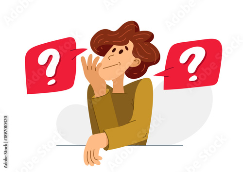 Young man having a doubt and question, vector illustration of a person who is hesitating and thinking about some problem, decide uncertainty.