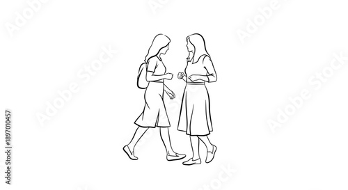 Two young women talking while walking outdoors illustration.