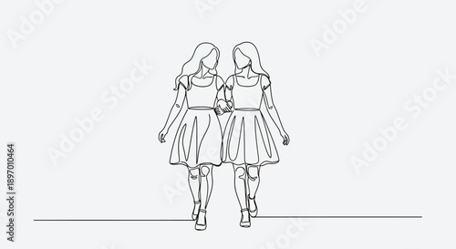 Two young women walking together in a minimalist line art style.