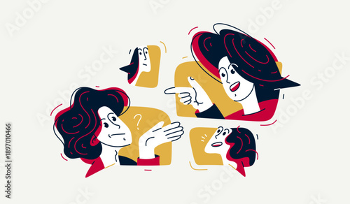 Group of young people having a video conference online, vector illustration of online conversation and brainstorming, business and work or webinar.