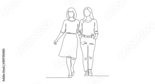 Two young women walking together in a minimalist line drawing style.