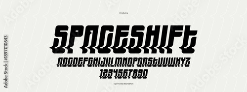 Bended and deformed display font for logos and posters, vector distorted and twisted italic typeface for headlines and advertising, letters and numbers alphabet typography.