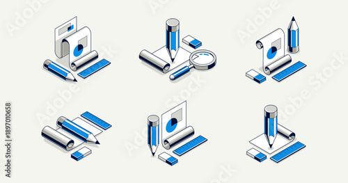Engineering project concept set, paper document blueprint with pencil engineer work job vector 3D isometric illustration, abstract plan drawing, cad scheme icon.