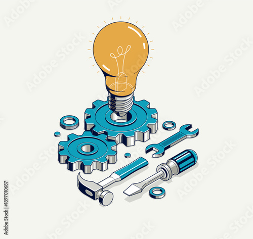 Engineering idea concept, innovation, invention and solution concept, light bulb vector 3D isometric illustration, mechanical engine works.