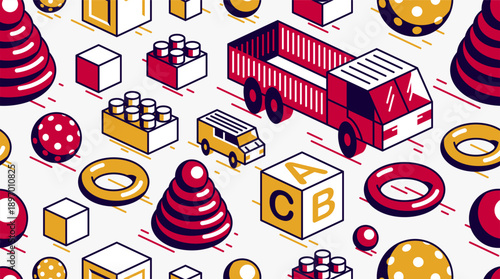 Toys seamless background, vector isometric retro toys endless wallpaper, tiling pattern with truck car and constructor bricks, elements easy to use separately.
