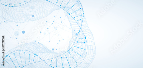 Abstract image of DNA molecule on wireframe wave. Scientific vector background.