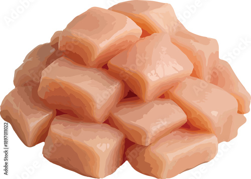 Pile Of Diced Raw Chicken Breast On White Background Keywords: chicken, raw, meat, poultry