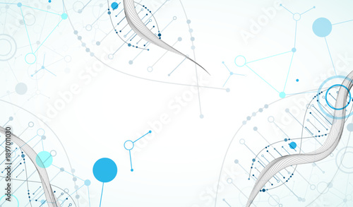 Abstract image of DNA molecule on wireframe wave. Scientific vector background.