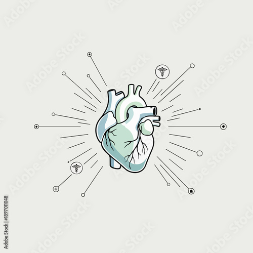 Modern medical illustration of a healthy human heart with radiating lines and healthcare symbols, representing vital organ function, cardiovascular health, and medical expertise