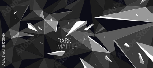 Dark black monochrome greyscale polygonal abstract background with 3D triangular surface and flying debris particles in motion, explosion force abstraction.
