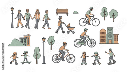 Urban Leisure Collection: A charming collection showcasing various urban activities, from biking and skating to strolling through the park.