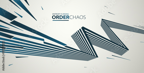 Debris particles exploding in chaos vector abstract background, entropy is rising to decay and disorder, elements flying in motion, 3D wallpaper.