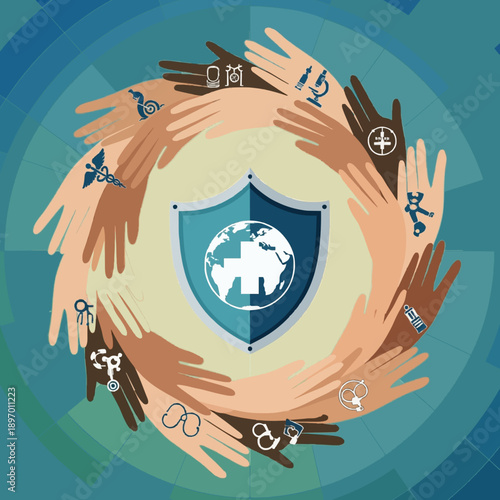 Uniting for Global Health Diverse Hands Symbolize Worldwide Medical Collaboration, Protection, and Support for Well-being and Scientific Advancement Across Communities