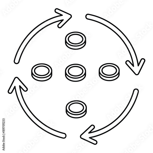 Circular arrow diagram illustrating financial cycle with five coins and clockwise movement, vector graphic.