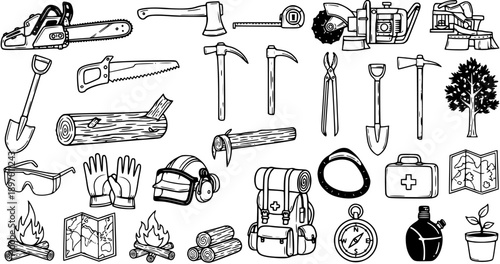 Black and White Line Art Illustration of Outdoor Camping and Forestry Tools - Chainsaw, Axe, Shovel, Backpack