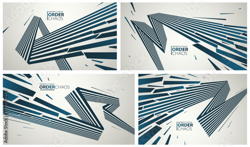Chaos and order vector concept abstract background with lines explosion to debris in decay set, 3D wallpaper with perspective lines going to chaos of destruction.