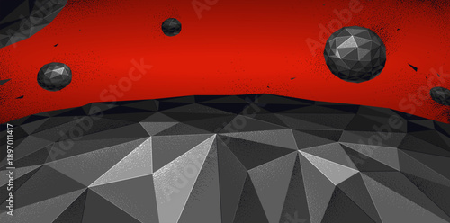 Low poly illustration of a planet terrain with satellites flying in space, vector wallpaper art of sci-fi astronomy, science fiction background.
