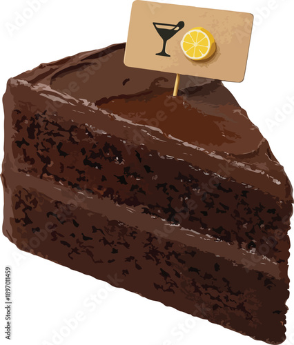 Slice of Chocolate Cake with Lemon Garnish on White Background