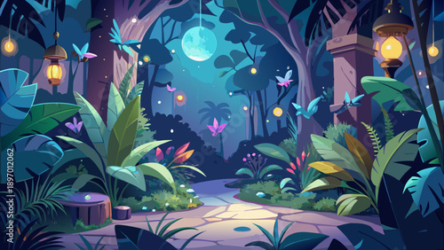 Very beautiful mystical moonlit garden filled with tropical leaves and softly glowing butterflies, creating a magical nighttime botanical scene rich in color and atmosphere.