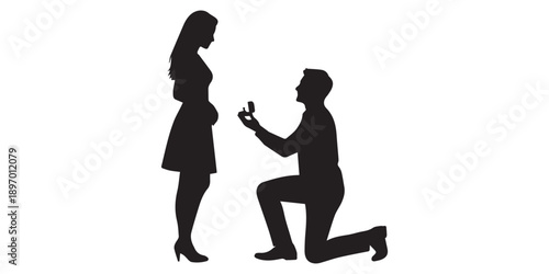 Romantic couple silhouettes proposing and embracing with diamond rings on white background for valentine's day or wedding invitations and love themed designs, Happy Valentine Day Couple Proposing