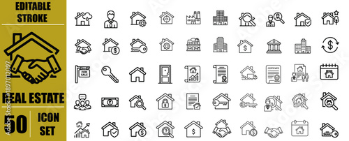 Real Estate Icons Set – House, Apartment, Building, For Sale Sign, Rent, Key, Mortgage, Location Pin, Blueprint and Property Line Icons, Editable Stroke Vector Illustration for Infographics, Mobile Ap