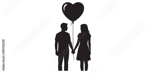 Set of solid black romantic vector icons showing heart party balloons gift box rose dancing couple and burning candle,Happy valentine's day black silhouette couple embracing with pink heart balloons,