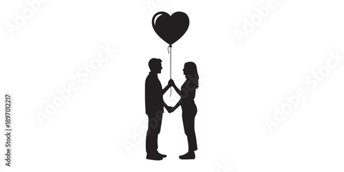 Set of solid black romantic vector icons showing heart party balloons gift box rose dancing couple and burning candle,Happy valentine's day black silhouette couple embracing with pink heart balloons,