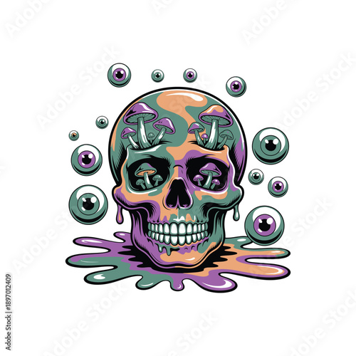 Psychedelic Skull with Mushrooms and Bubbles.