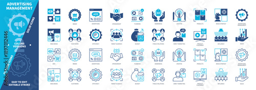 Advertising Management icon set. Sponsorship, Creative, Product, Budget, Sales, Public Relations, Direct Marketing, Planning. Duotone color solid and editable outline icons