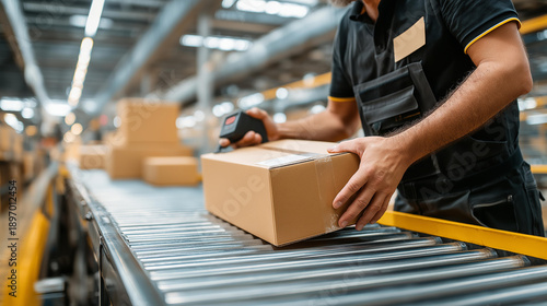 Warehouse worker scanning barcode on cardboard box, distribution center background with conveyor belt, medium shot, cool industrial lighting, commercial style, inventory management, package tracking,