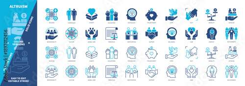 Altruism icon set. Charity, Participation, Selflessness, Care, Help, Compassion, Kindness, Religion. Duotone color solid and editable outline icons