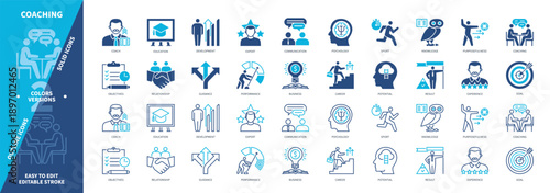 Coaching icon set. Goal, Education, Development, Career, Guidance, Objectives, Potential, Performance. Duotone color solid and editable outline icons